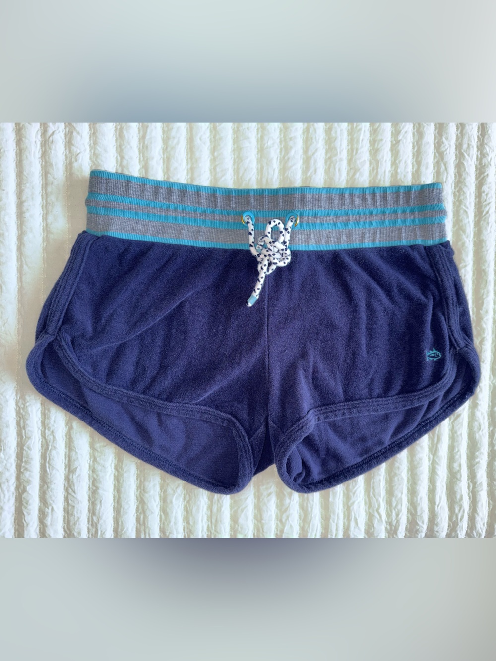 Southern Tide Navy Terry Athletic Shorts with Aqua-Striped Waistband